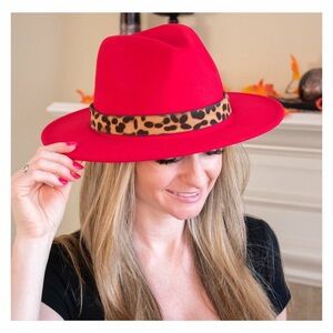Red Leopard Trim Fedora Fashion Hat